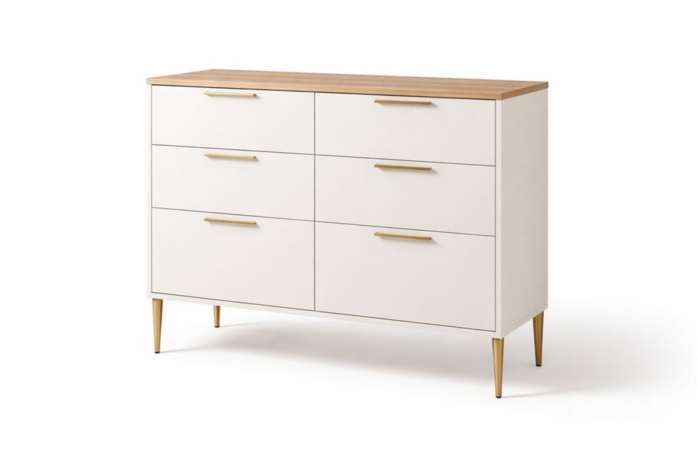 Cassettiera in MDF e Legno 6 Cassetti Bianco con Gambe Dorate
