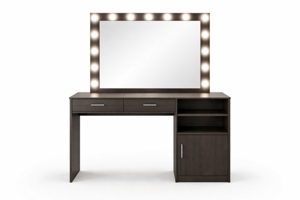 Tavolo da Trucco con Specchio Illuminato in Legno Marrone 140x45x80 cm