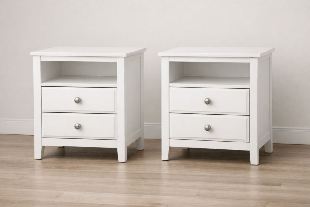 Set di 2 comodini in legno con 2 cassetti, Bianco, 45x40x60 cm