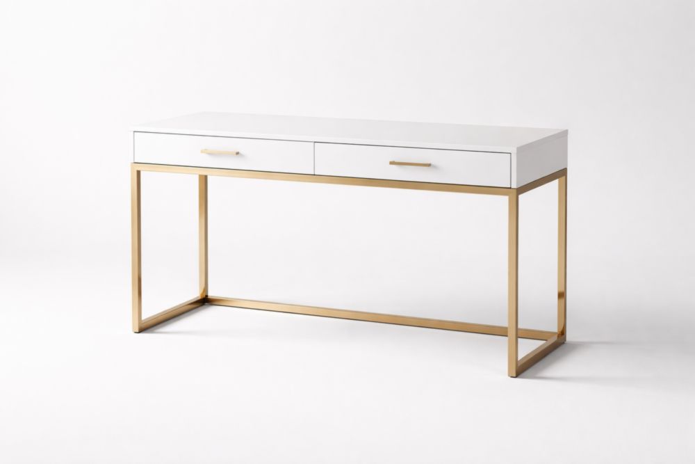 Scrivania in MDF Bianco con Gambe in Acciaio Dorato