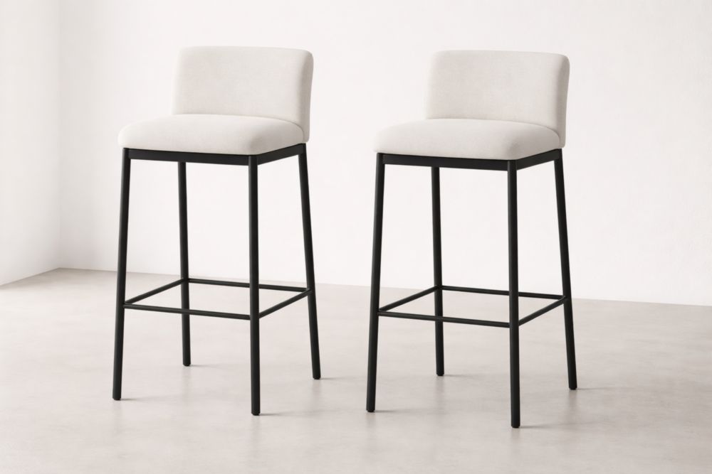 Set di 2 sgabelli da bar in tessuto beige con struttura in acciaio nero
