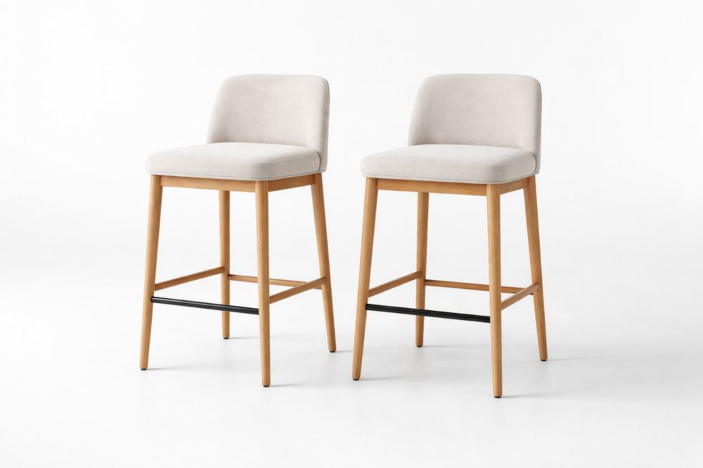 Set di 2 sgabelli alti in legno e tessuto poliester beige