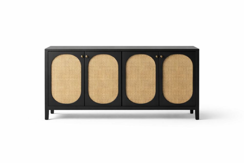 Credenza in Legno Nero con Ante in Rattan Naturale