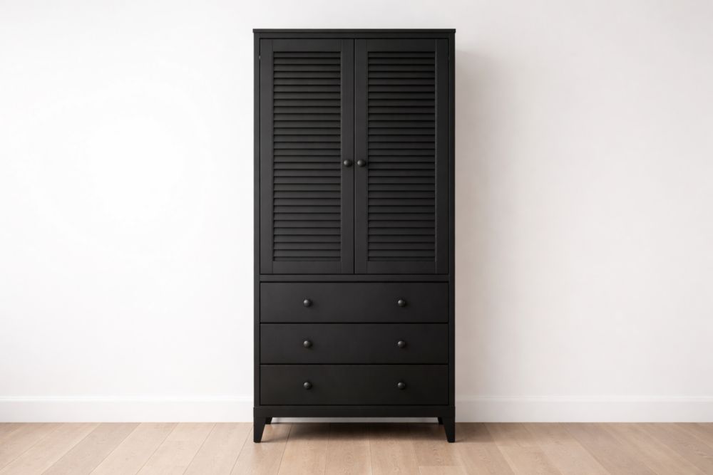 Armadio in Legno MDF con Cassetti e Ante a Persiana Nero