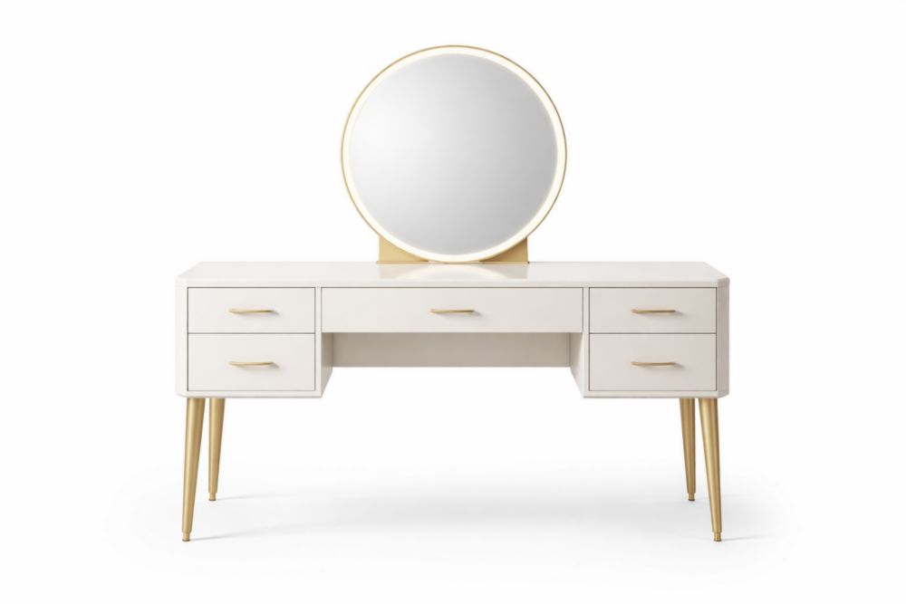 Tavolo da Toeletta in MDF Bianco con Gambe in Acciaio Oro e Specchio Rotondo