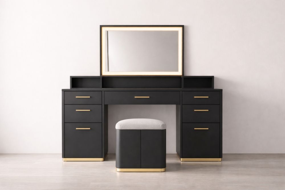 Set toeletta con specchio e sgabello in legno composito nero e oro