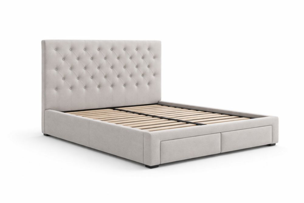 Letto matrimoniale imbottito in tessuto beige con cassetti e testiera trapuntata