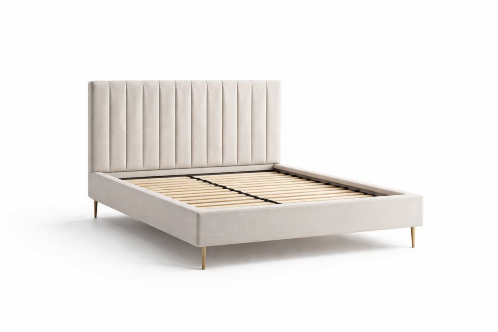 Letto matrimoniale imbottito in velluto con testiera a coste beige