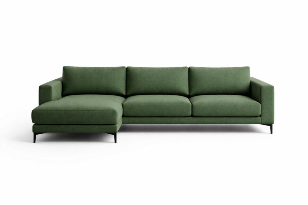 Divano angolare L in tessuto poliestere verde con gambe in acciaio