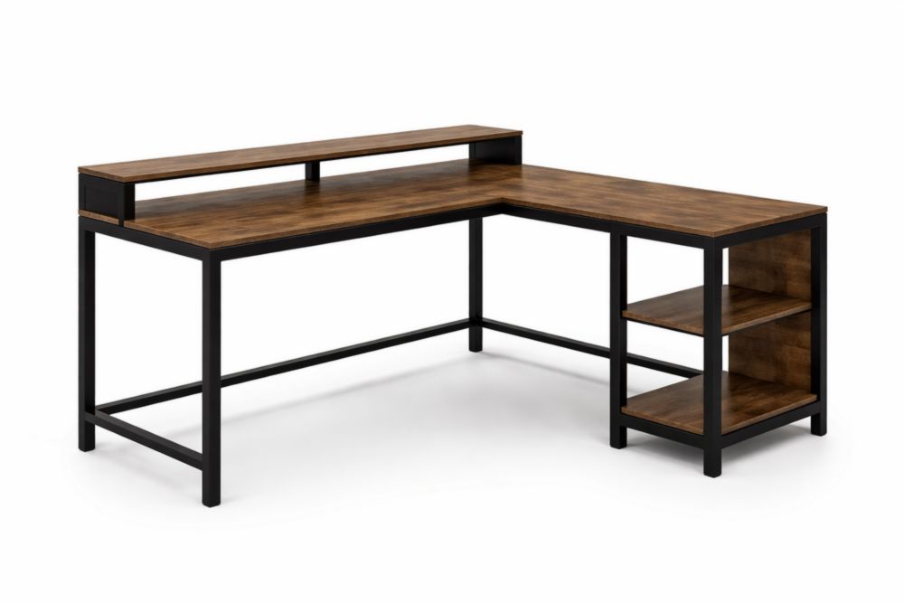 Scrivania angolare in legno e acciaio marrone nero