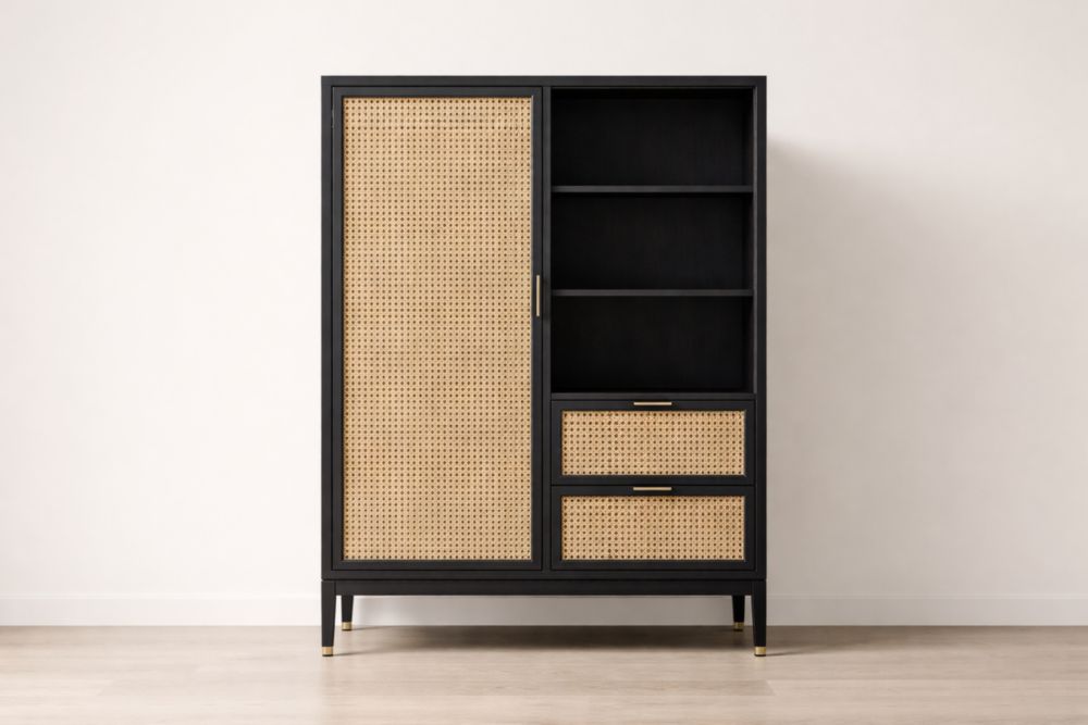 Armadio in legno e rattan nero con vani e cassetti 120x40x180 cm