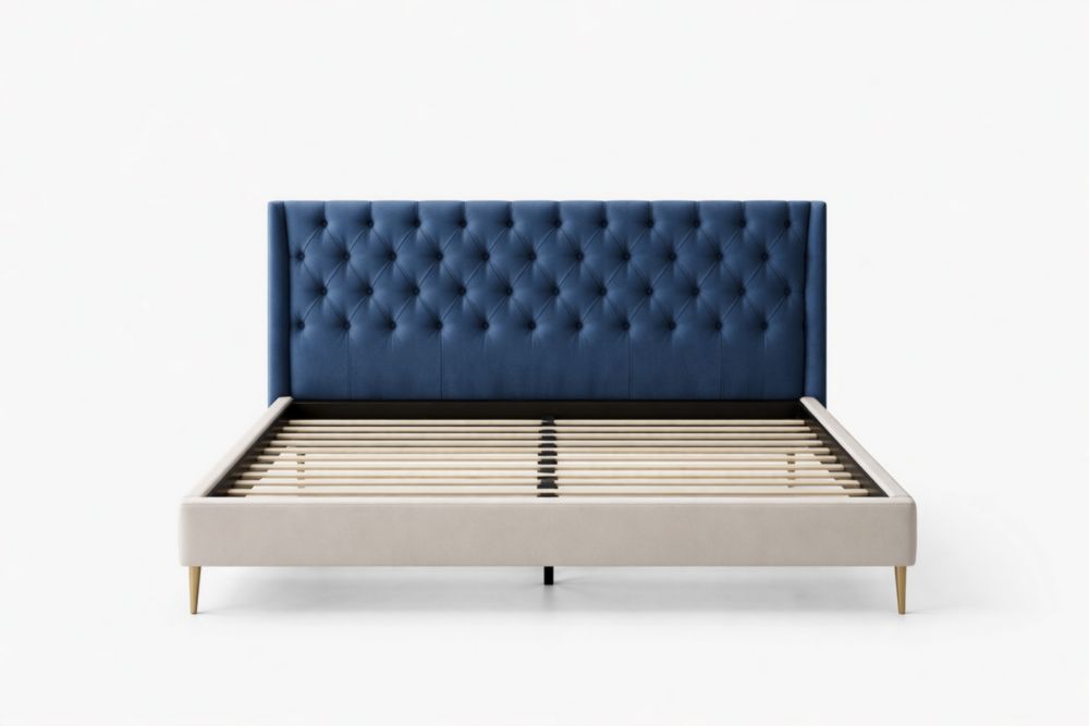 Letto imbottito con testiera in tessuto blu 160x200 cm