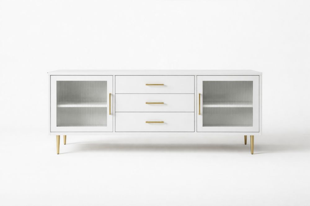 Mobile Porta TV in MDF con Vetro Temperato e Acciaio, 2 Vani con Porte in Vetro, 3 Cassetti