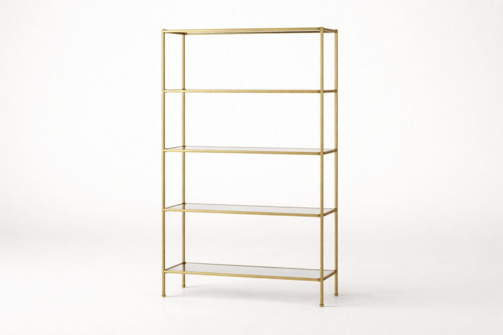 Scaffale in Acciaio Dorato e Vetro Temperato Trasparente con 5 Ripiani