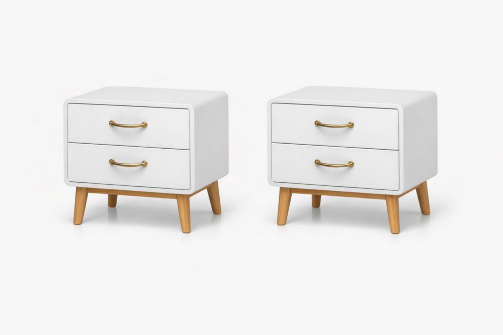 Set di 2 comodini in legno bianco con maniglie in lega di zinco, 2 cassetti