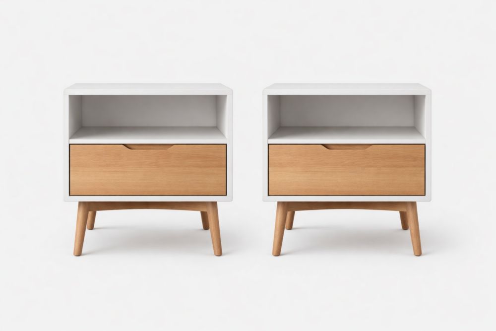 Set di Comodini in Legno e Bianco con Cassetto