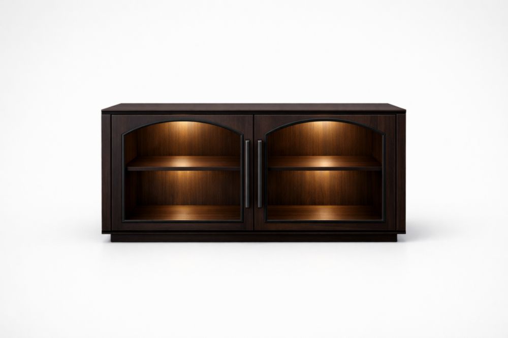 Vetrina in Legno Massello di Noce con Ante in Vetro Temperato e Maniglie in Acciaio, 2 Mensole con Illuminazione LED