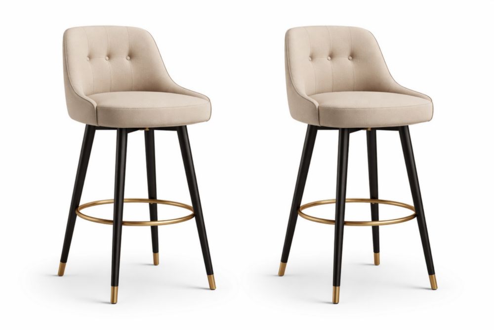 Set di 2 Sgabelli da Bar in Tessuto Beige con Gambe in Acciaio Nero e Ottone