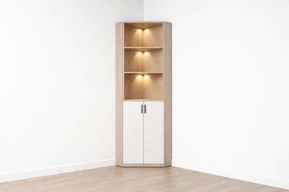 Mobile Angolare in MDF con Dettagli in Acciaio, 3 Ripiani, 2 Ante, Illuminazione LED Integrata, Colore Rovere e Bianco