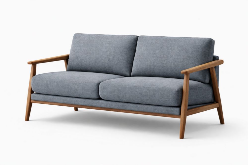 Divano due posti in tessuto grigio con struttura in legno