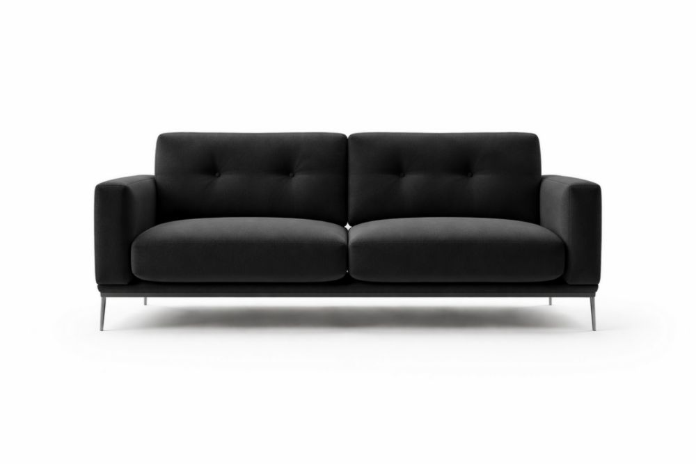 Divano due posti in tessuto poliestere nero con gambe in acciaio