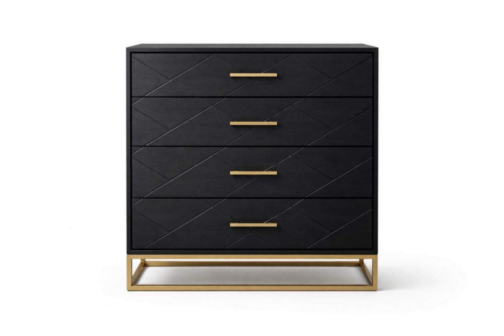 Cassettiera in Legno Composito Nero con Base in Lega di Zinco Dorato e Quattro Cassetti