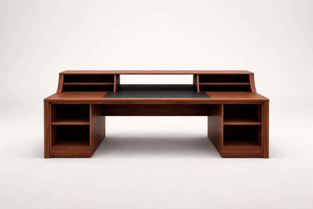 Scrivania in legno massello di noce con ripiano in pelle nera