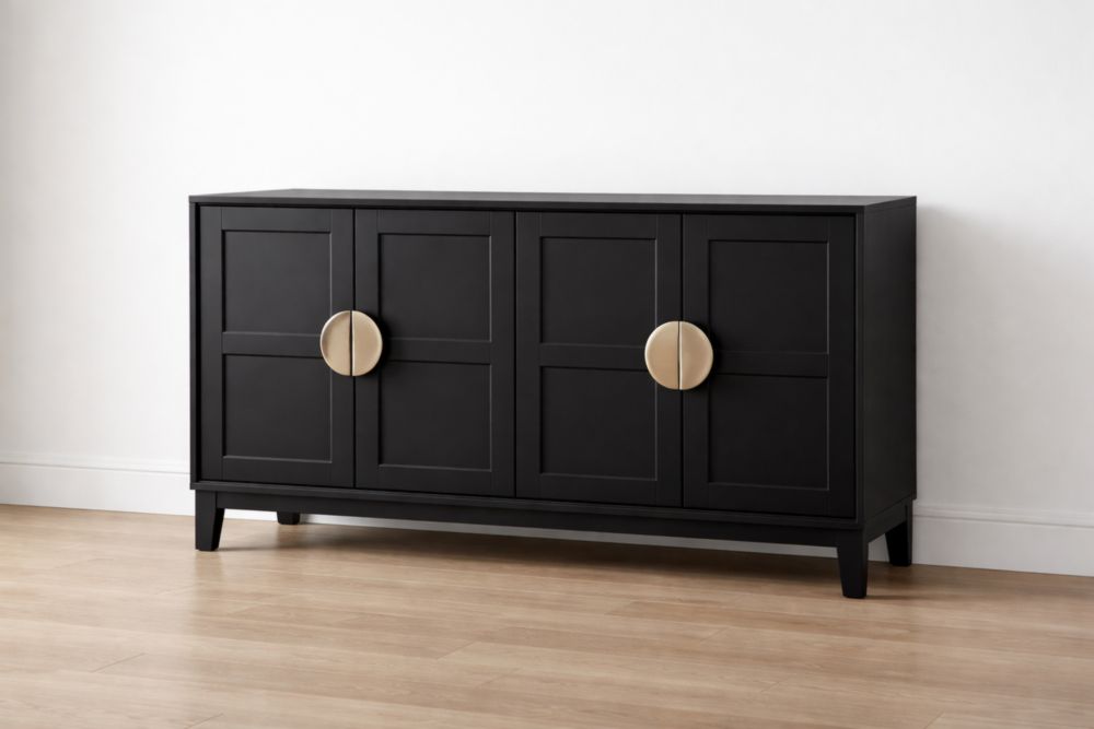 Credenza in Legno Nero con Maniglie Dorate 160x40x75 cm