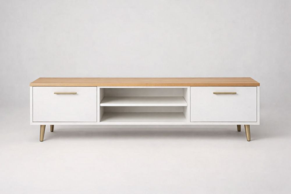 Mobile TV in Legno MDF con Gambe in Acciaio 120x40x45cm Bianco e Naturale