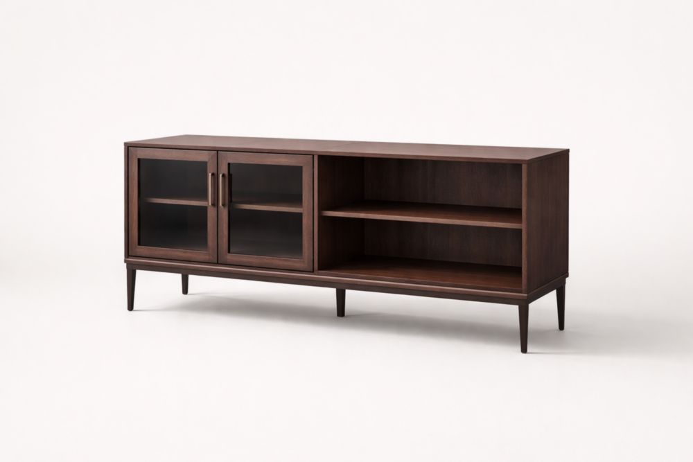 Credenza in legno con porte in vetro e ripiani aperti marrone