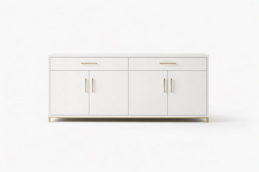 Credenza rettangolare in MDF bianca con maniglie dorate L180xP45xH70 cm