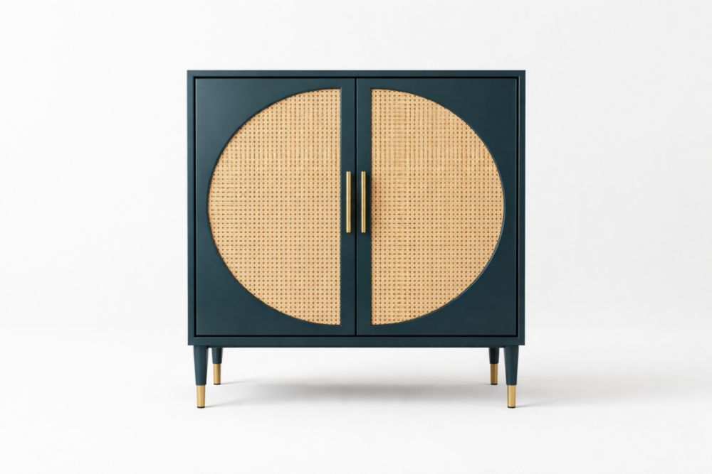 Credenza in Legno e Rattan con Dettagli in Acciaio