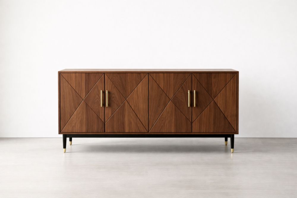 Credenza in Legno di Noce con Gambe in Acciaio e Maniglie in Ottone, 160x45x75 cm, Colore Marrone con Dettagli Oro