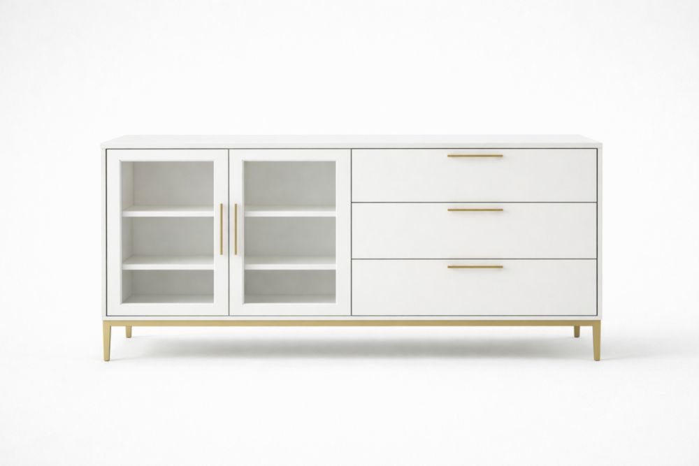 Credenza in MDF e Acciaio Bianco con Ante in Vetro e Tre Cassetti