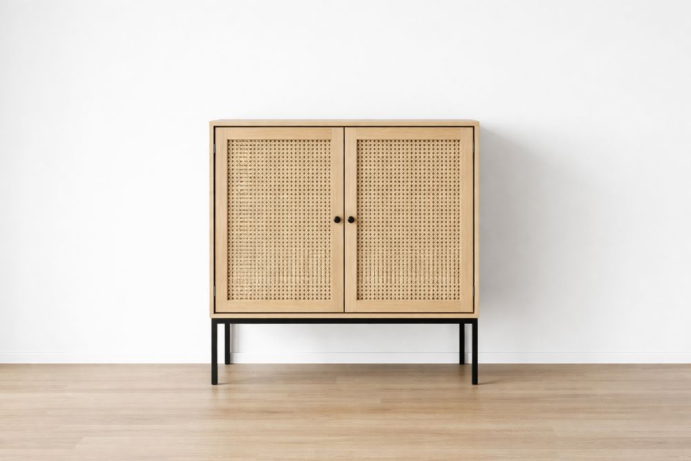 Credenza in legno con ante in rattan e base in acciaio nero