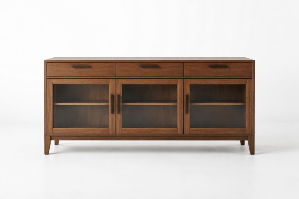 Credenza in Legno Massello di Noce con Ante in Vetro Temperato e Maniglie in Acciaio, 152x45x85 cm, Colore Marrone