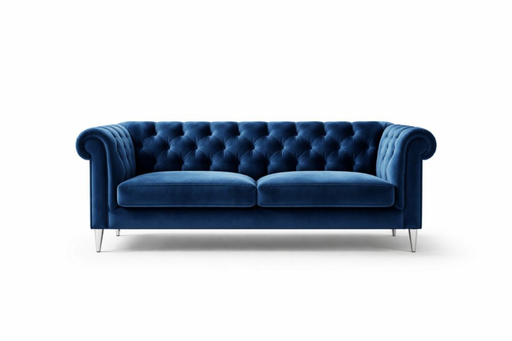 Divano a 2 posti in velluto blu con gambe in acciaio