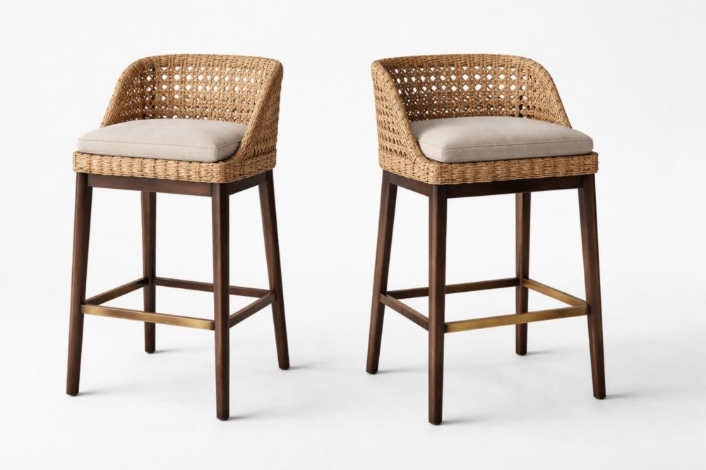 Coppia di sgabelli da bar in rattan e legno con seduta beige