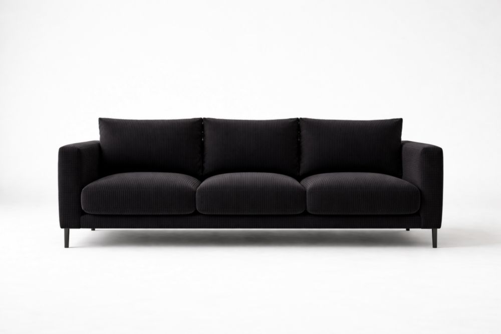 Divano a 3 Posti Nero con Rivestimento in Poliestere e Struttura in Legno di Faggio Massello, Gambe in Acciaio, 225x90x85 cm