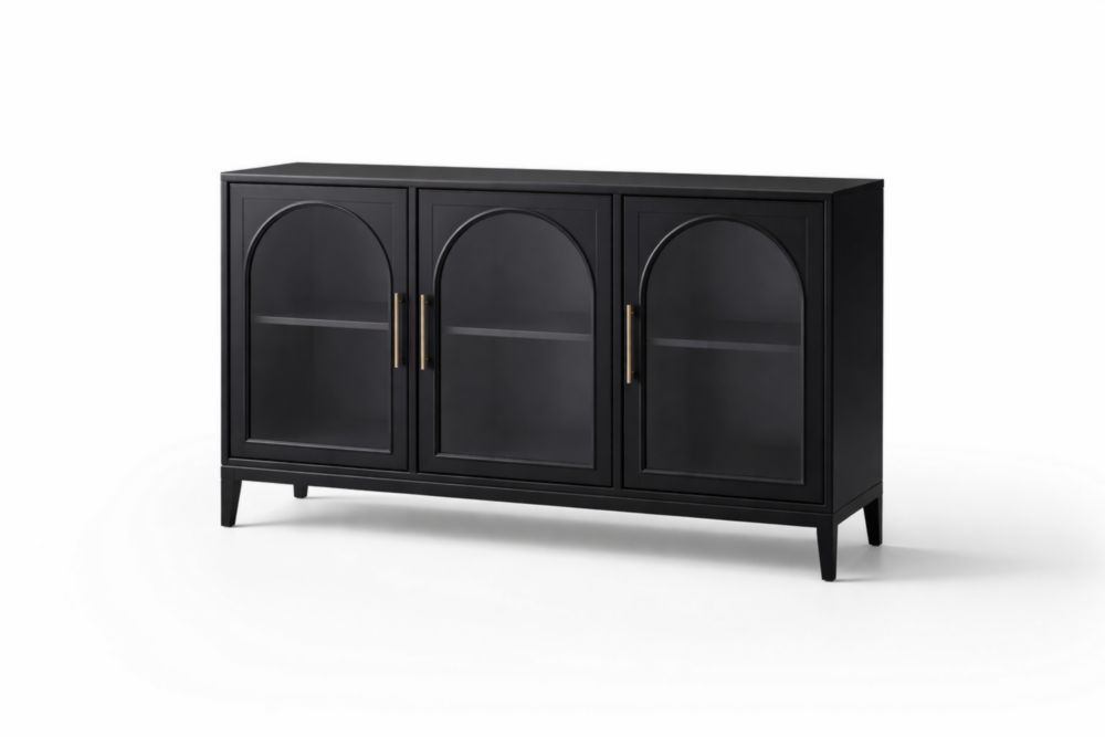 Credenza in MDF con Ante in Vetro Temperato e Maniglie in Acciaio Nero 150cm x 40cm x 80cm