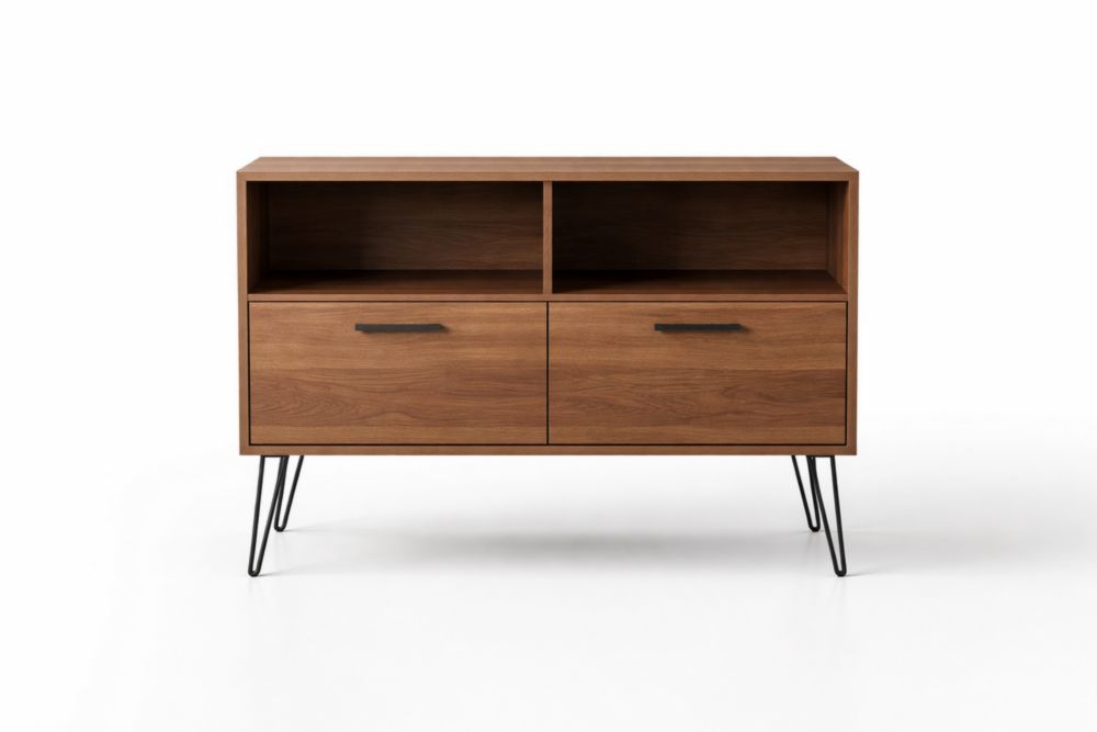 Credenza bassa in legno noce con gambe in acciaio nero
