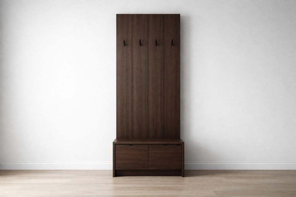 Appendiabiti in Legno Marrone Scuro con Pannello e Cassettiera