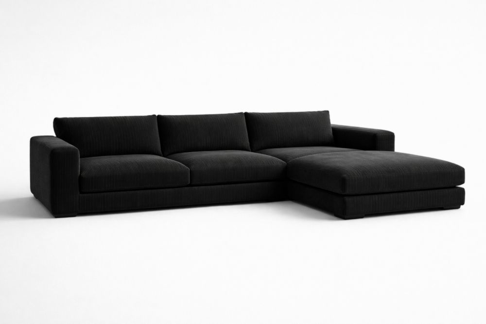 Divano angolare in tessuto nero con chaise longue