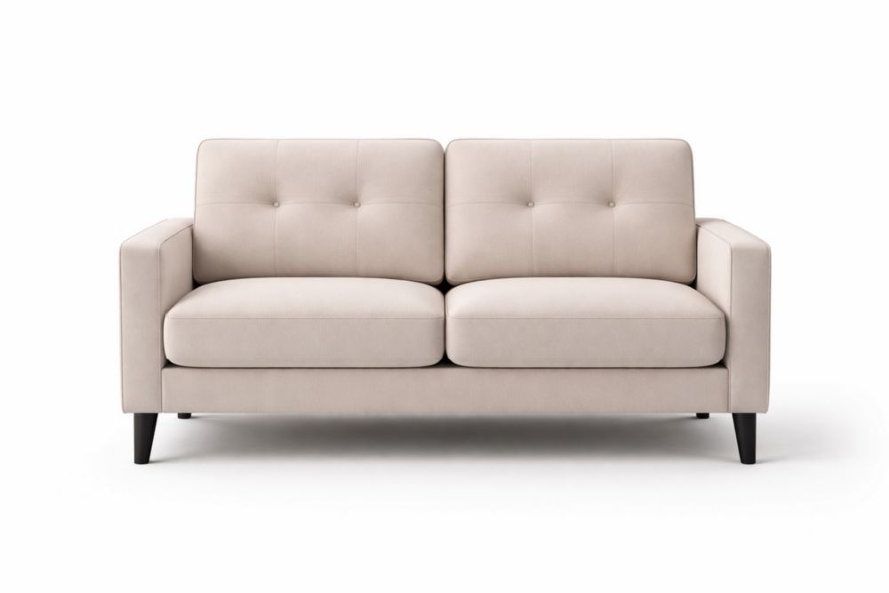 Divano due posti in tessuto beige con gambe in legno