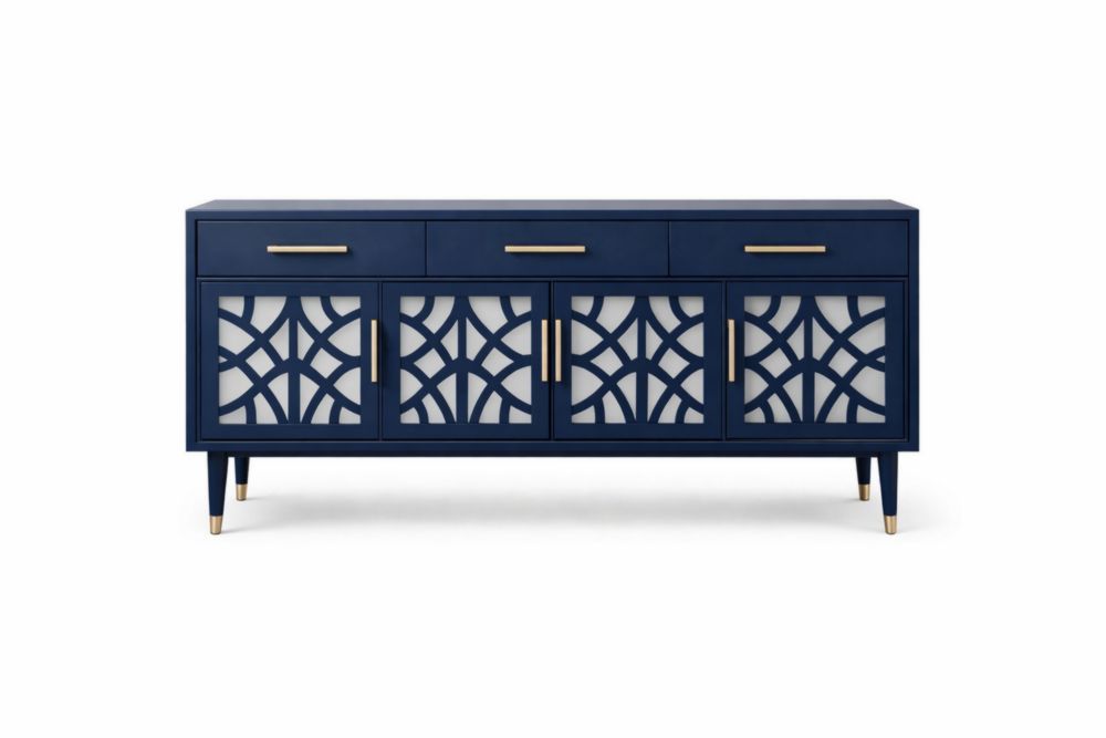 Credenza in Legno MDF Blu con Motivo a Reticolo e Gambe in Acciaio
