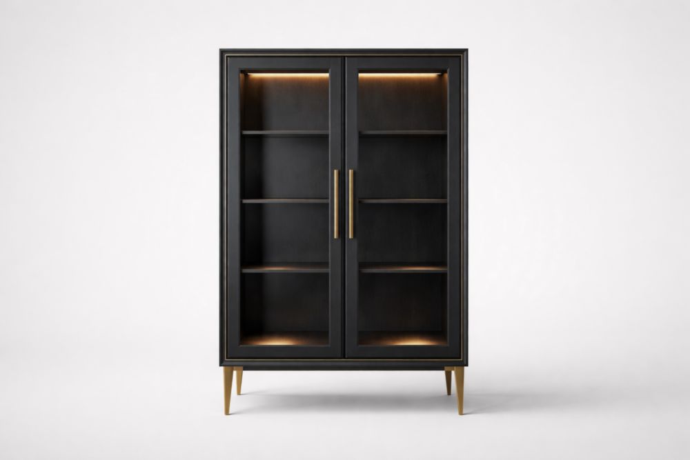 Vetrina in Legno Massello Nero con Ante in Vetro Temperato 180x100x40 cm