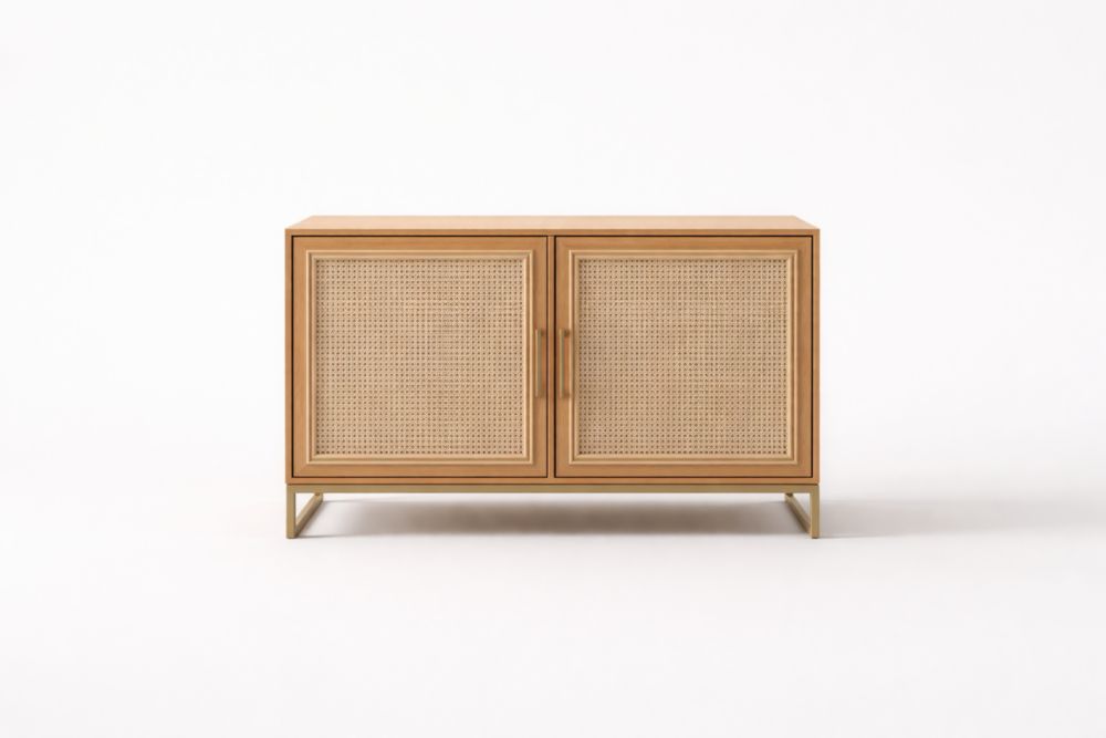 Madia in legno con ante di vimini e struttura in acciaio