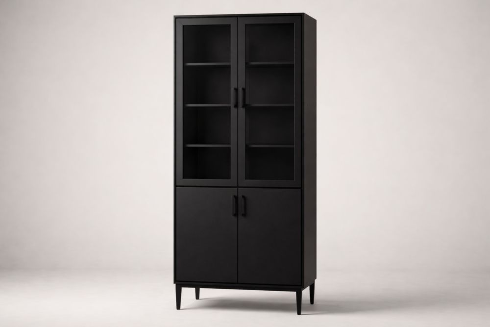 Espositore in MDF Nero con Porte in Vetro Temperato e Gamba in Acciaio, 180x80x40 cm, 4 Ripiani