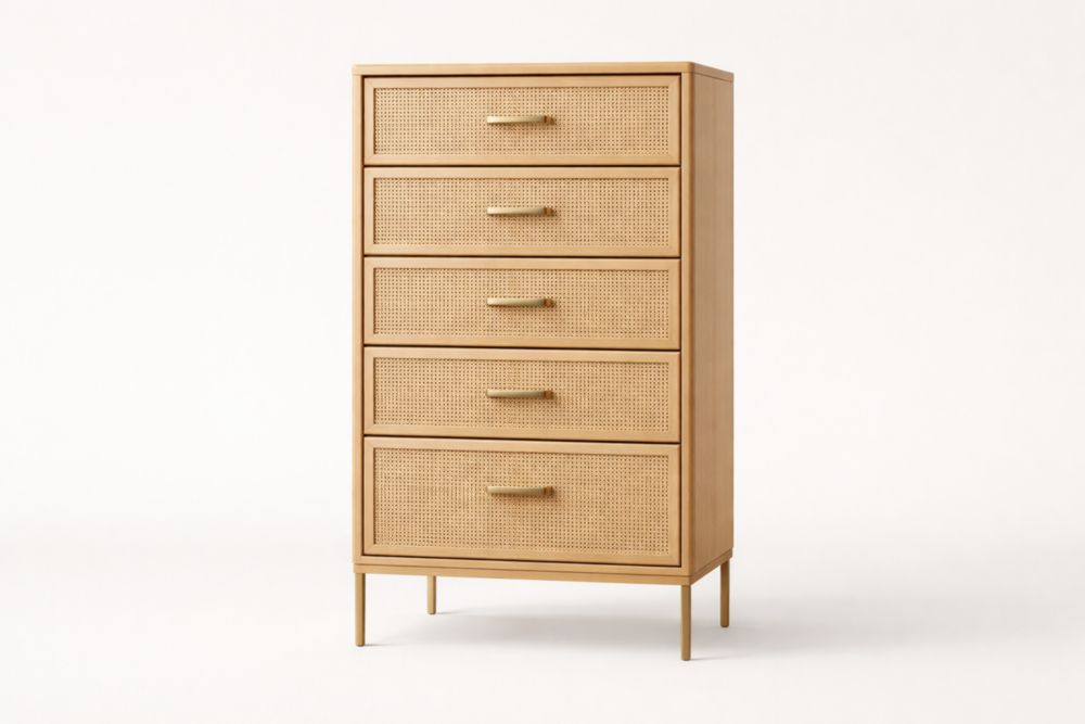 Commode en bois et rotin à 5 tiroirs