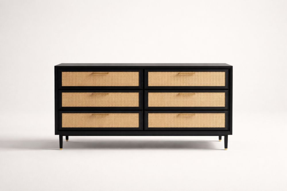 Commode en bois noir avec tiroirs en rotin 6 tiroirs